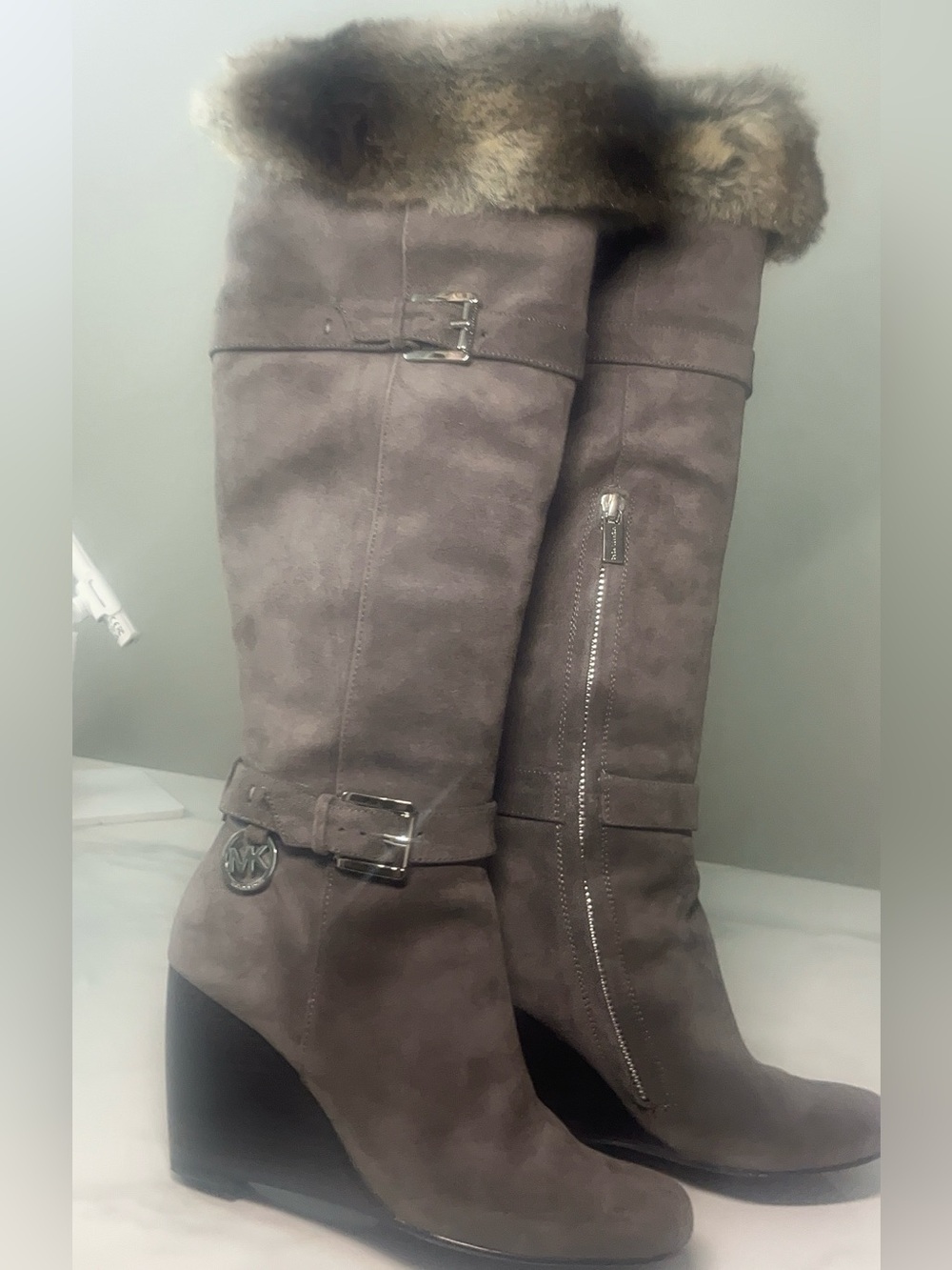 Michael Kors Taupe Faux-Suede Over-the-Knee Boots with Fur Trim - Picture 2 of 4